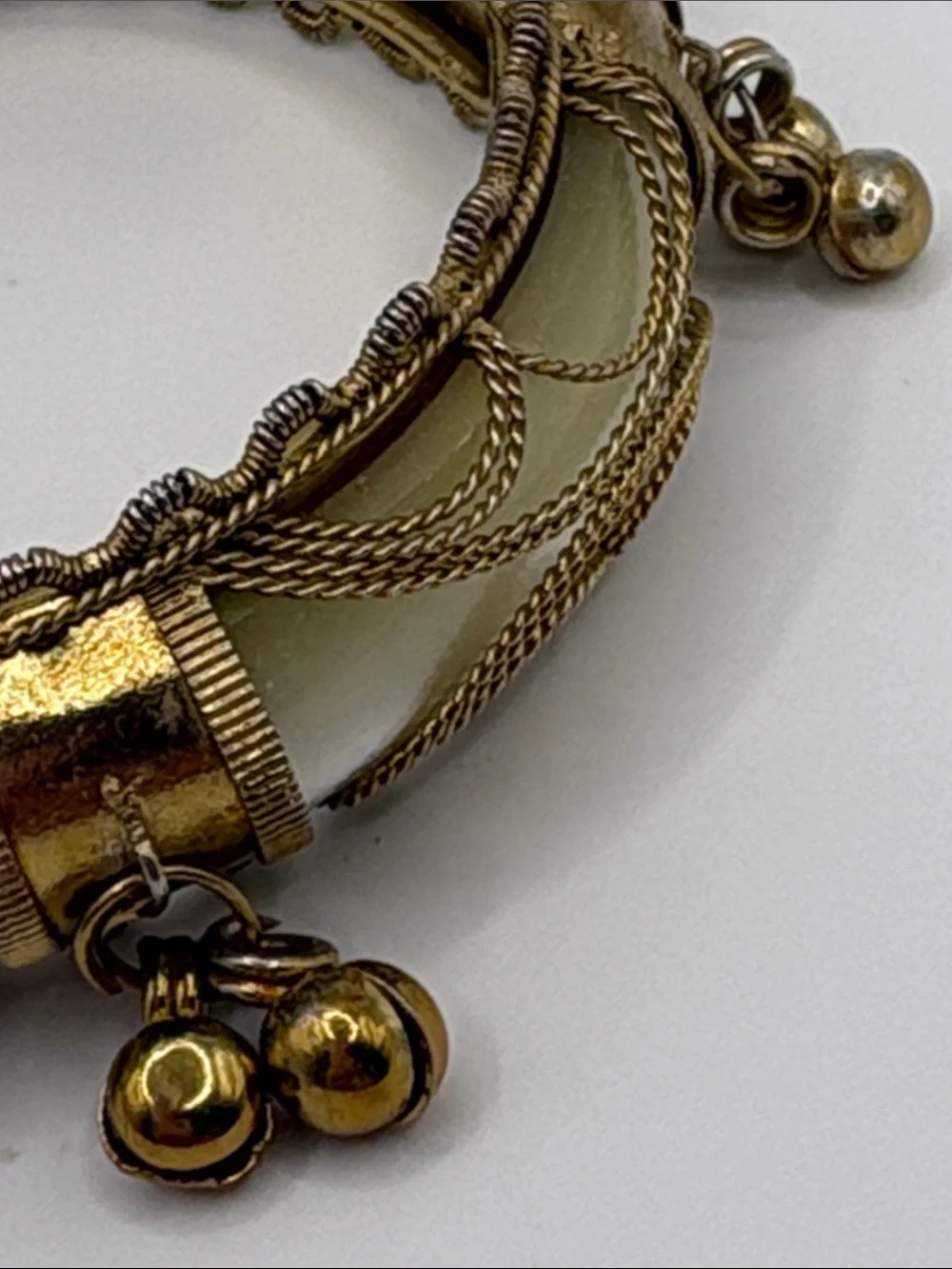 Vintage Gold-Tone Bracelet White Enamel Pearl and Dangle Bells